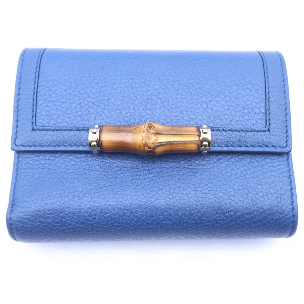 GUCCI Bamboo Bi fold Wallet Compact coin wallet Case Blue Leather - Picture 1 of 5
